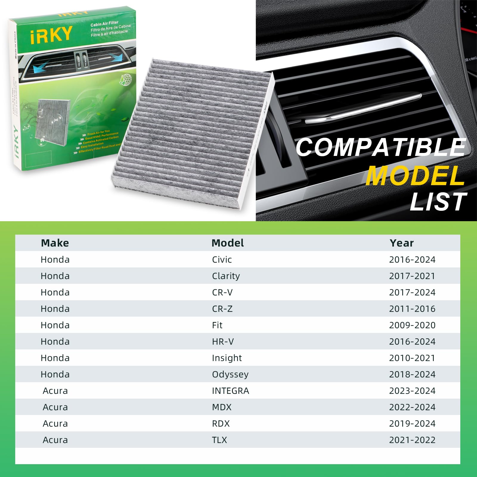 iRKY Cabin Air Filter CF11182 CP182 includes Activated