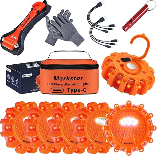 Juego de 6 bengalas LED para carretera, kit de emergencia LED ámbar de recarga USB, luz de advertencia con magnético, kit de bengalas de disco de