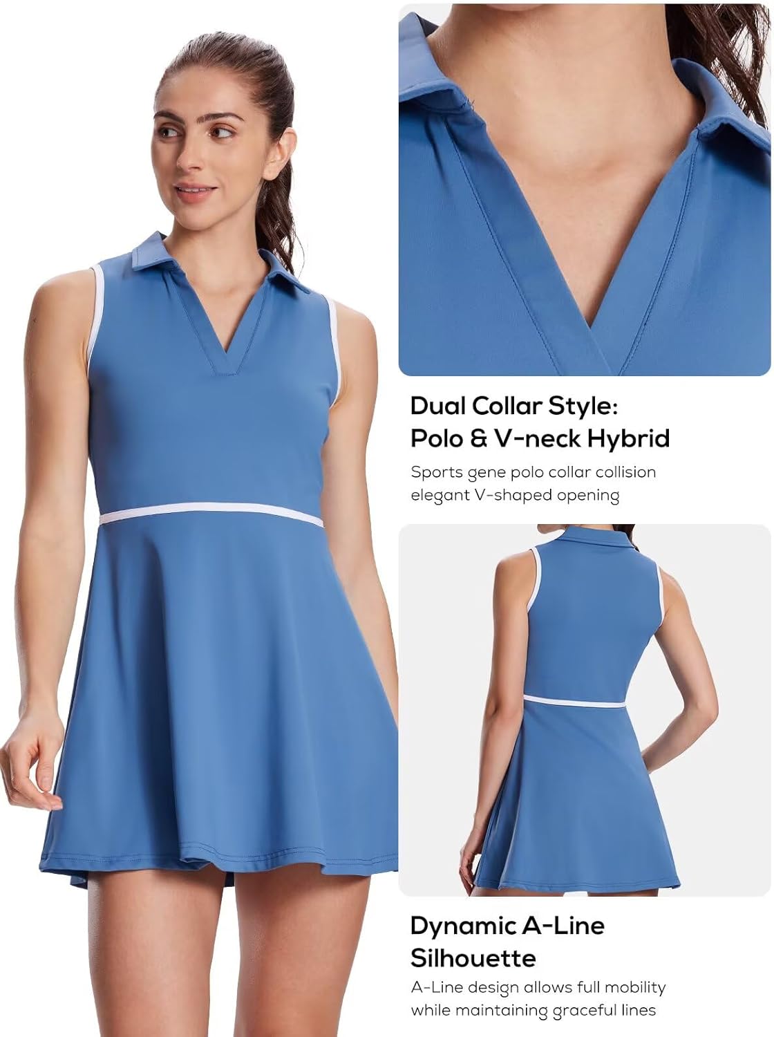 Women's Tennis Dress with Detachable Pocket Shorts, Convertible V-Neck & Polo Collar for Golf Gym - Image 3