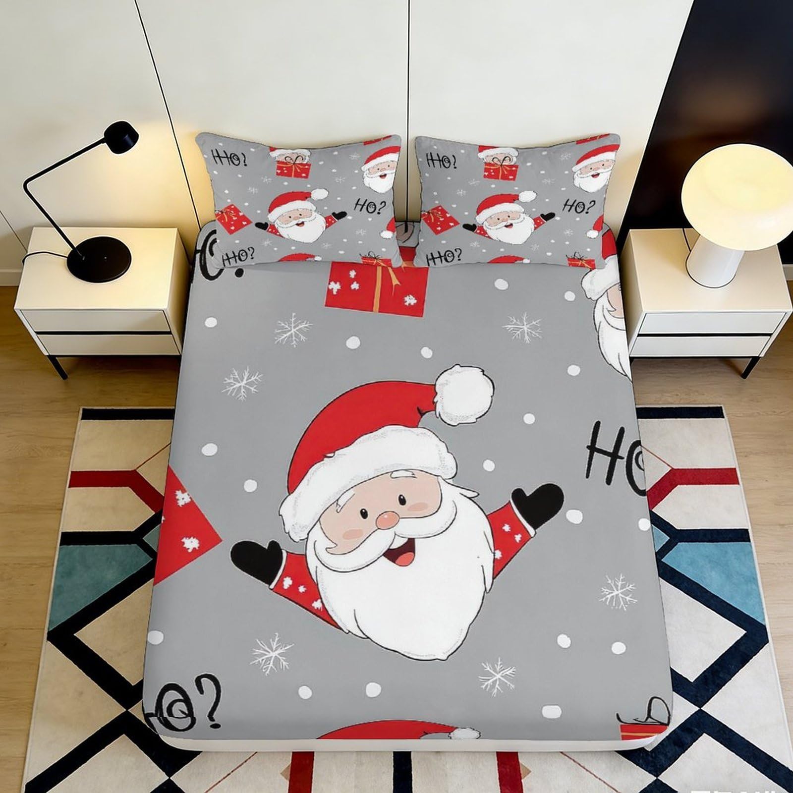 3D Printed Santa Claus Fitted Sheet Microfiber Soft Breathable Christmas Bed Cover for Bedroom Dormitory Guest Room Mattress Protection Decor 160x200x25cm