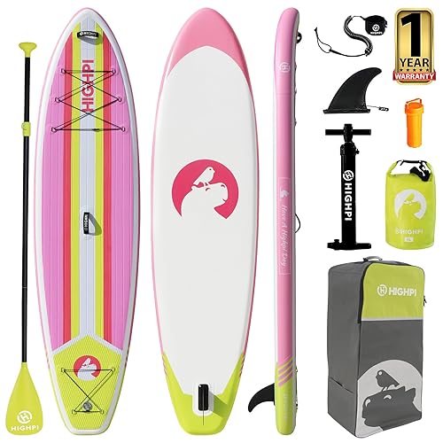 Highpi Inflatable Stand Up Paddle Board Premium SUP Accessories, Backpack, Wide Stance, Surf Control, Non-Slip Deck, Leash, Paddle and Pump, Standing Boat for Youth and Adult - Capypink