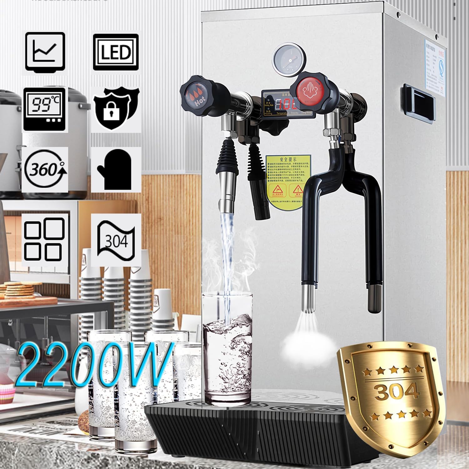 220V Commercial Milk Frother, 12L Multi-Purpose Steam Boiling Water Frothing Machine, 2200W Electric Milk Foam Maker, for Coffee and Tea,Silver