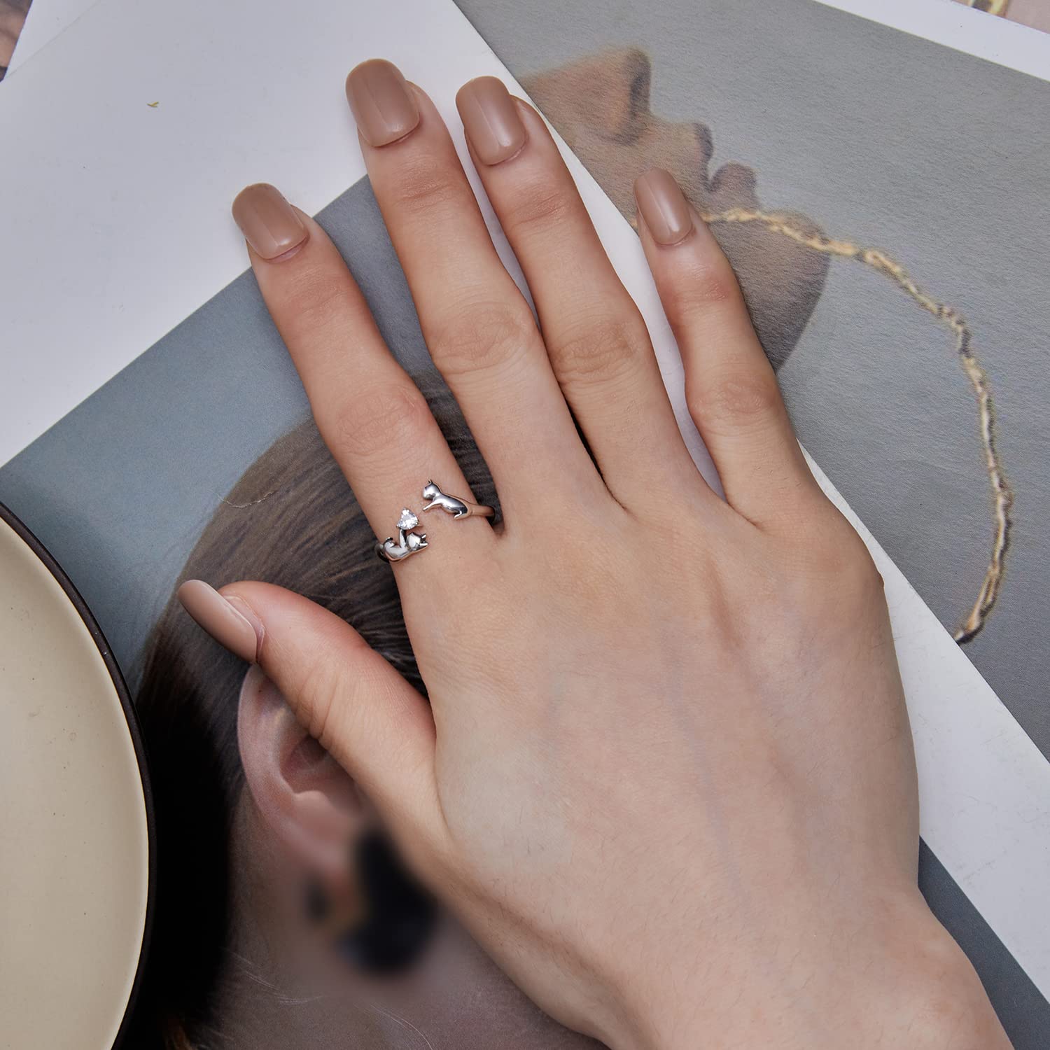 Qings Damen Katze Verstellbare Ringe Offen Katzenring Sterling Silber 925 Süß Tier Finger Ring Schmuck Geschenk für MäDchen Teenager