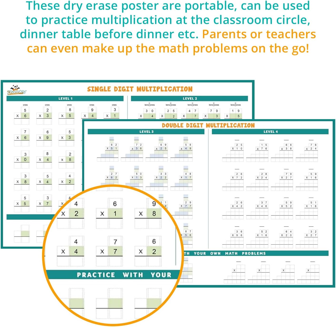 Channie’s One Page A Day Multiplication Kit, Dry-Erase Multiplication Charts for Kids, Single and Double Digit Multiplication Workbook, Easy Math, Homeschool Learning Materials