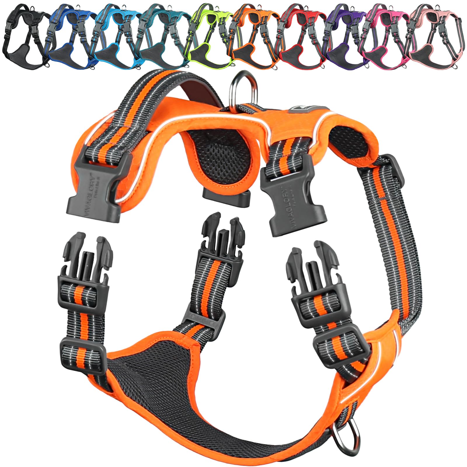VIVAGLORY Dog Harness Easewalk No Pull Dog Harness with Handle Front Clip & Back Clip for Training Walking Lifting, No Pull Adjustable Easy On Padded Comfortable for Pet, M, Orange - Patterned
