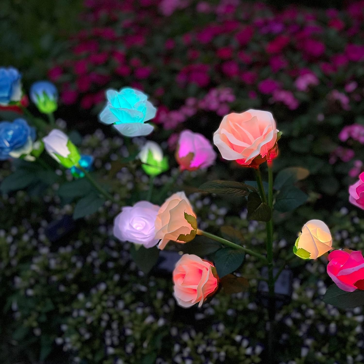 Solar Decorative Stake Rose Flower Lights for Yard Outdoor Porch Garden Memorial Cemetery Backyard Decor Flower Bed Decoration (2 Pack, Blue)