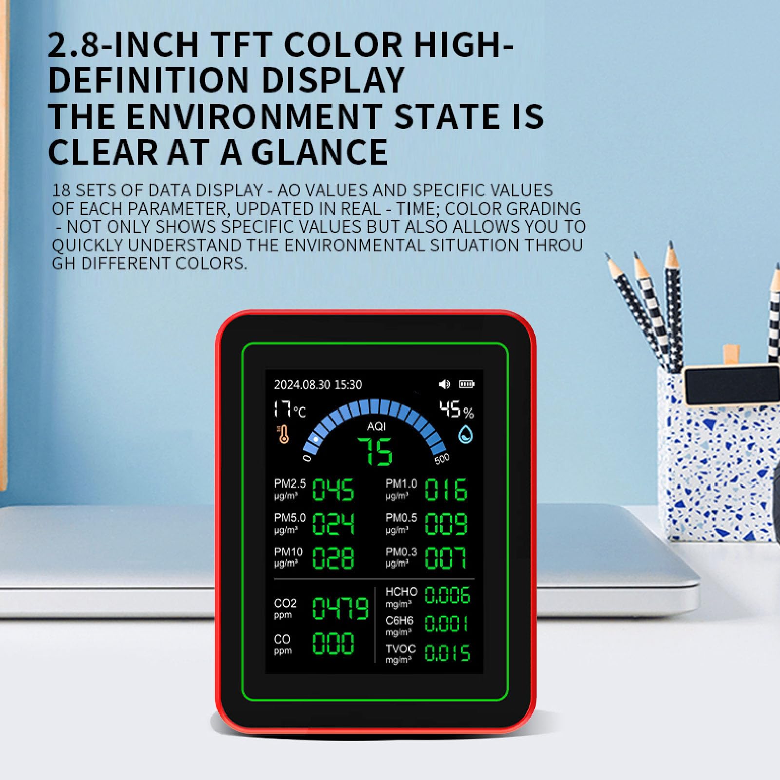 Misuratore Portatile della qualità 'aria 18 in 1 CO2 TVOC HCHO PM2.5 PM10 Temperatura Umidità Rilevatore Tester per Interni Alimentato a Batteria Archiviazione Dati per la Casa
