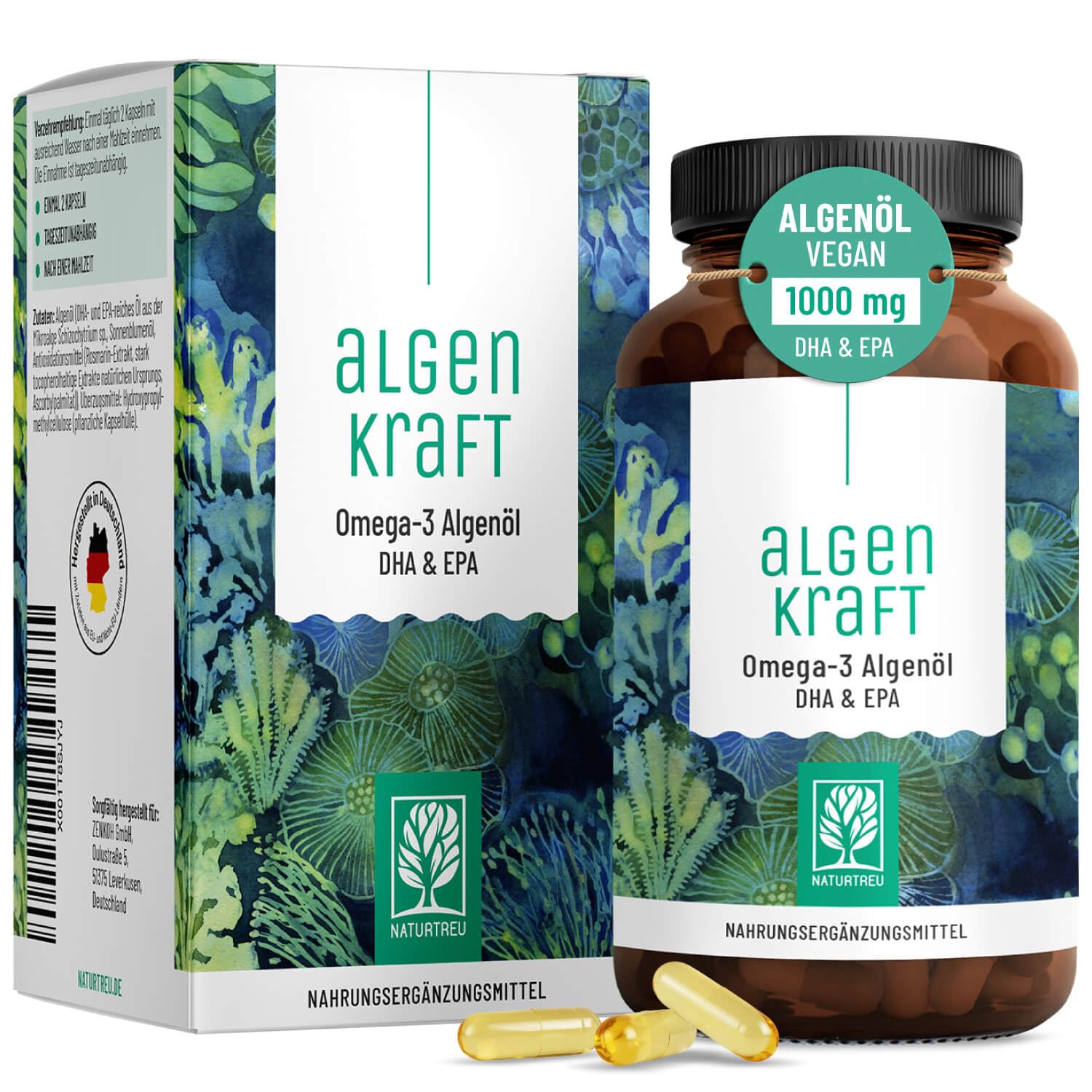 NATURTREU® Omega 3 Vegan aus Algenöl – 1000mg Omega 3 Algenöl aus nachhaltigen Kulturen - Mikroalgenöl hochdosiert DHA & EPA im optimalen Verhältnis - Omega 3 Kapseln - Laborgeprüft