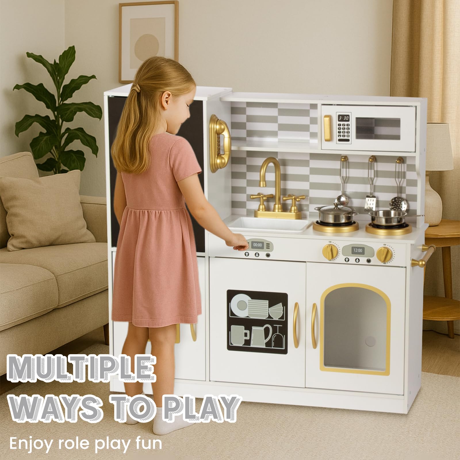 WOODENFUN Kinderküche Holz Spielküche für Kinder mit Blackboard, Telefon, Topf, Topfschaufel, Geschenk küche Kinder ab 3 Jahre(Milchweiß)