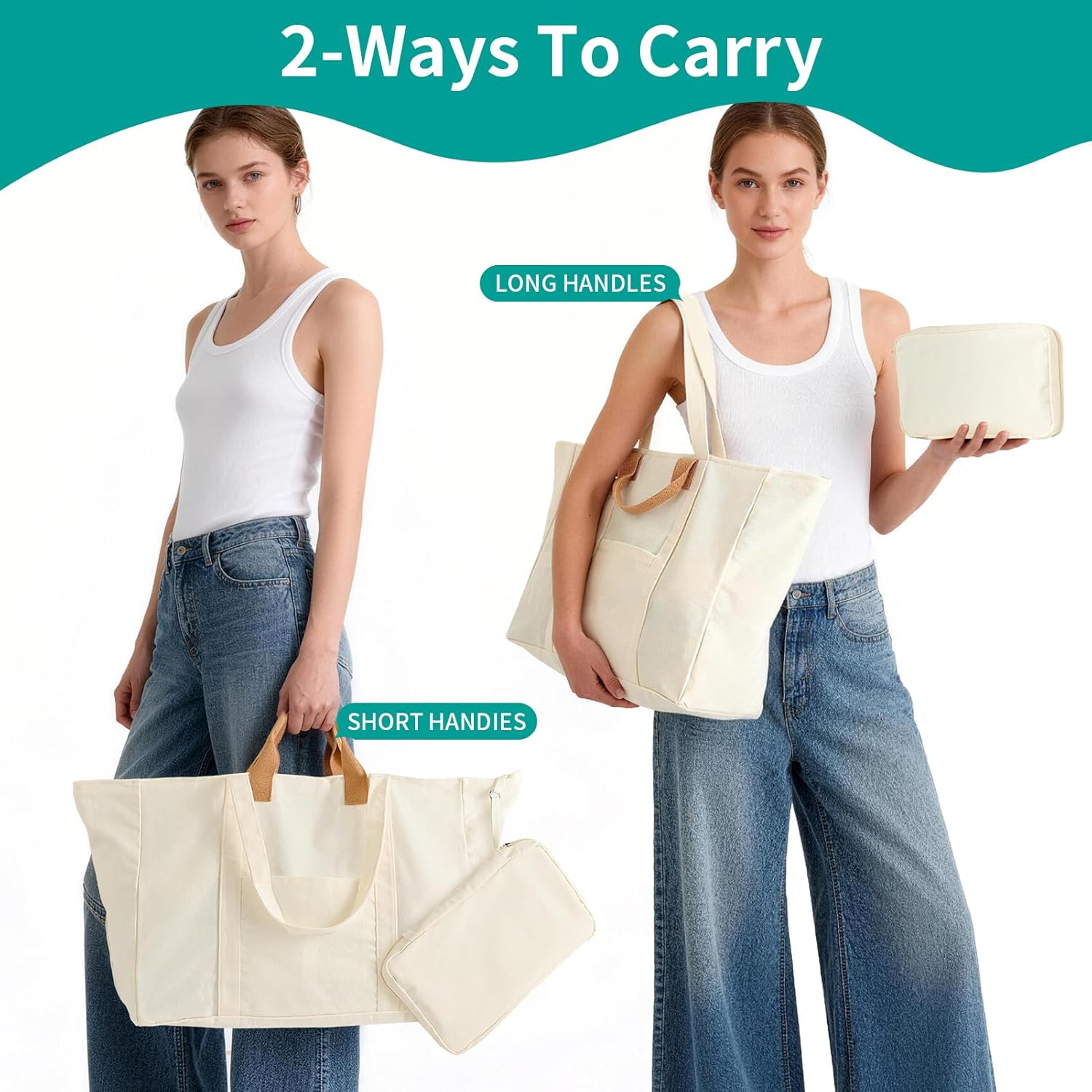 Extra Large Canvas Tote Bag with Zipper, Big Tote for Shopping Travel Picnic Beach, Dual Handles Storage Bag - Image 3