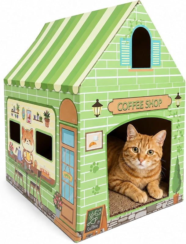 Casa de Papelão para Gatos Cinrobiye com Arranhador e Toca Temática de Café