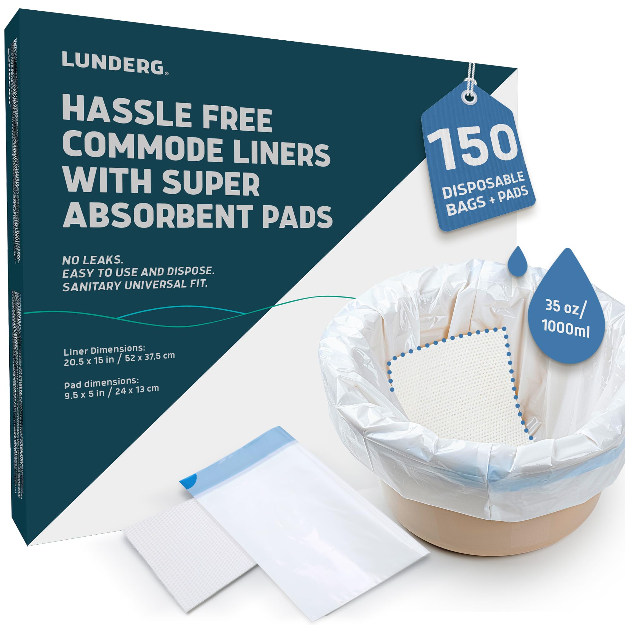Lunderg Commode Liners with Absorbent Pads - Value Pack Medical Grade 150 Count Universal Fit - Disposable Bedside Commode Liners & Pads for Adult Chairs, Portable Potty Buckets & Camping Toilet Bags