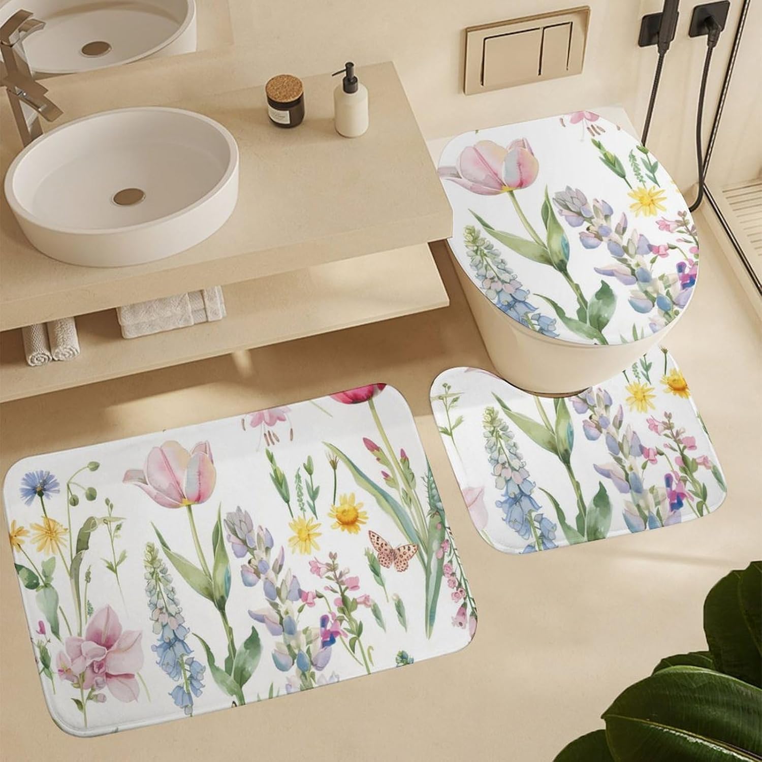 Flowers Tulip Butterflies Modern Bathroom Sets with Shower Curtain and Rugs Decor 4 Pcs with 12 Hooks