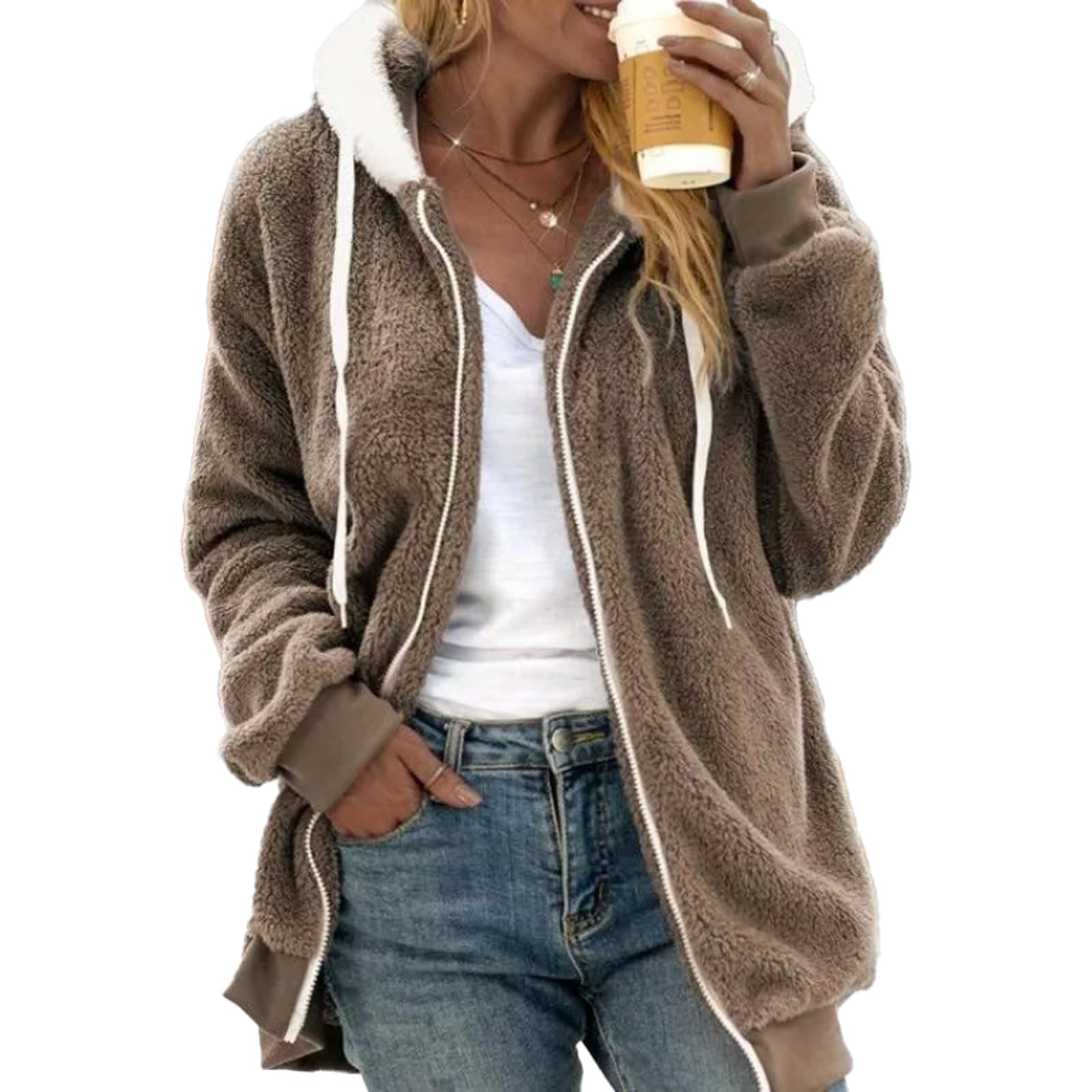 GXJIXf Winter Plush Coats for Women, Fleece Jackets, Warm Sherpa with Pockets (Khaki,XL)