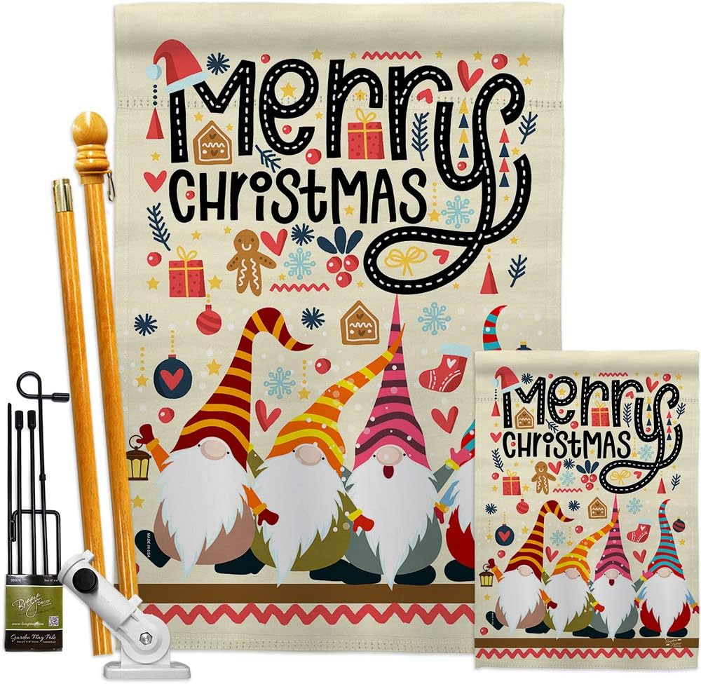 Christmas Gnome House Flag Dowel Set Wintertime Santa Marry Xmas Present Reindeer Season Snow Small Decorative Gift Yard Banner Made In USA 28 X 40