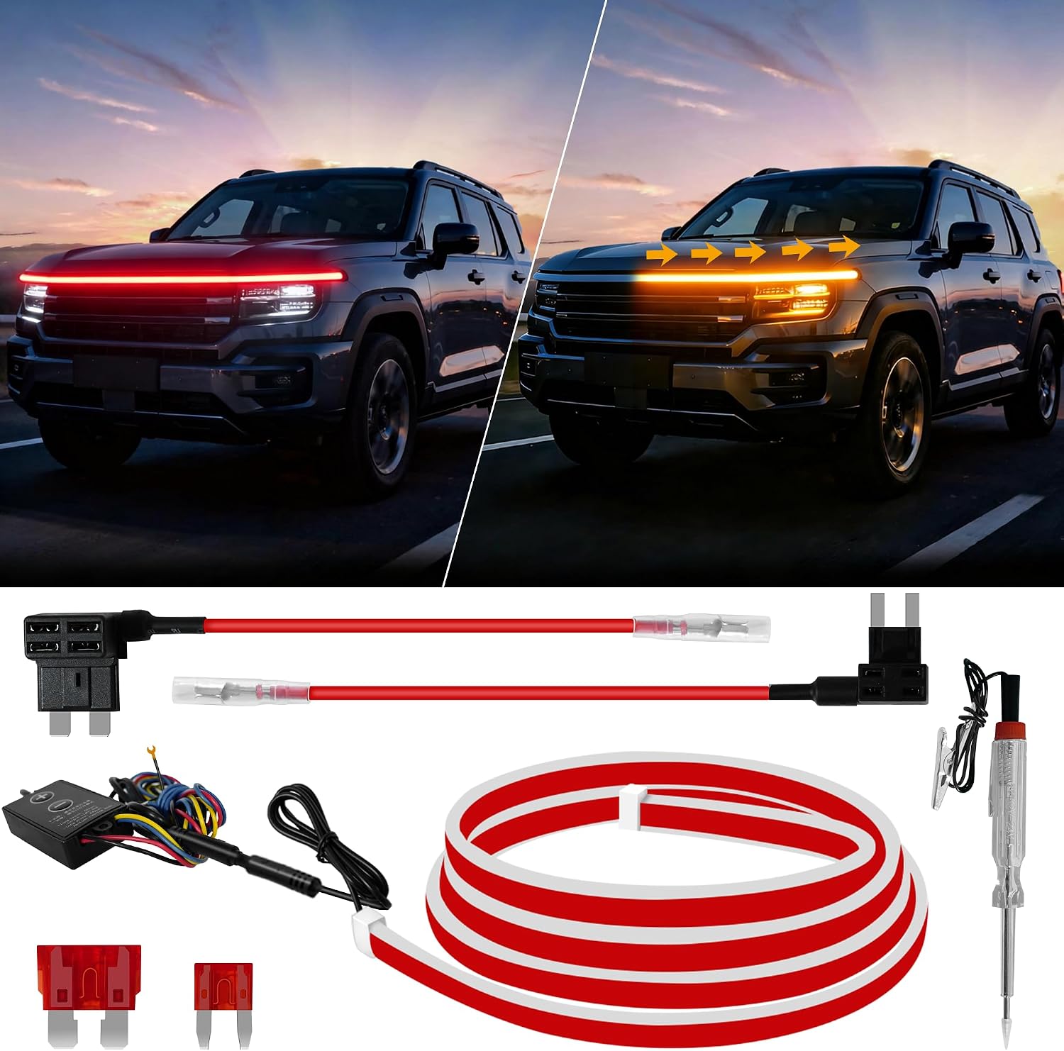 Sequential Dynamic Scan LED Hood Light Strip for Cars, Dual Color Red DRL with Amber Turn Signal, Flexible Cuttable IP68 Waterproof Exterior LED Light, for Trucks SUVs Vans, 70inch 12V, 1 Set
