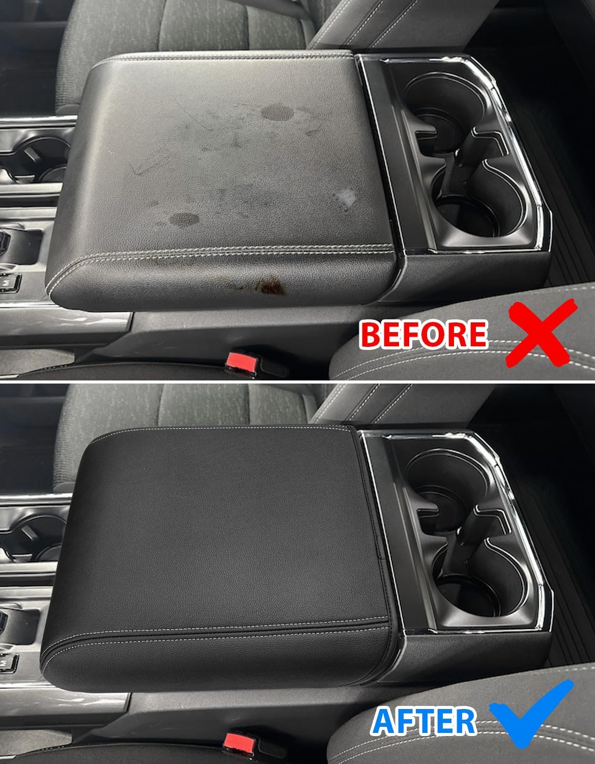 Center Console Cover for 2021-2026 Ford F150 Accessories, Vinyl Leather Middle Armrest Cusion Protector, Anti-Scratch, Black Gray Stitches, Bucket Seat Only(not for Work Station)