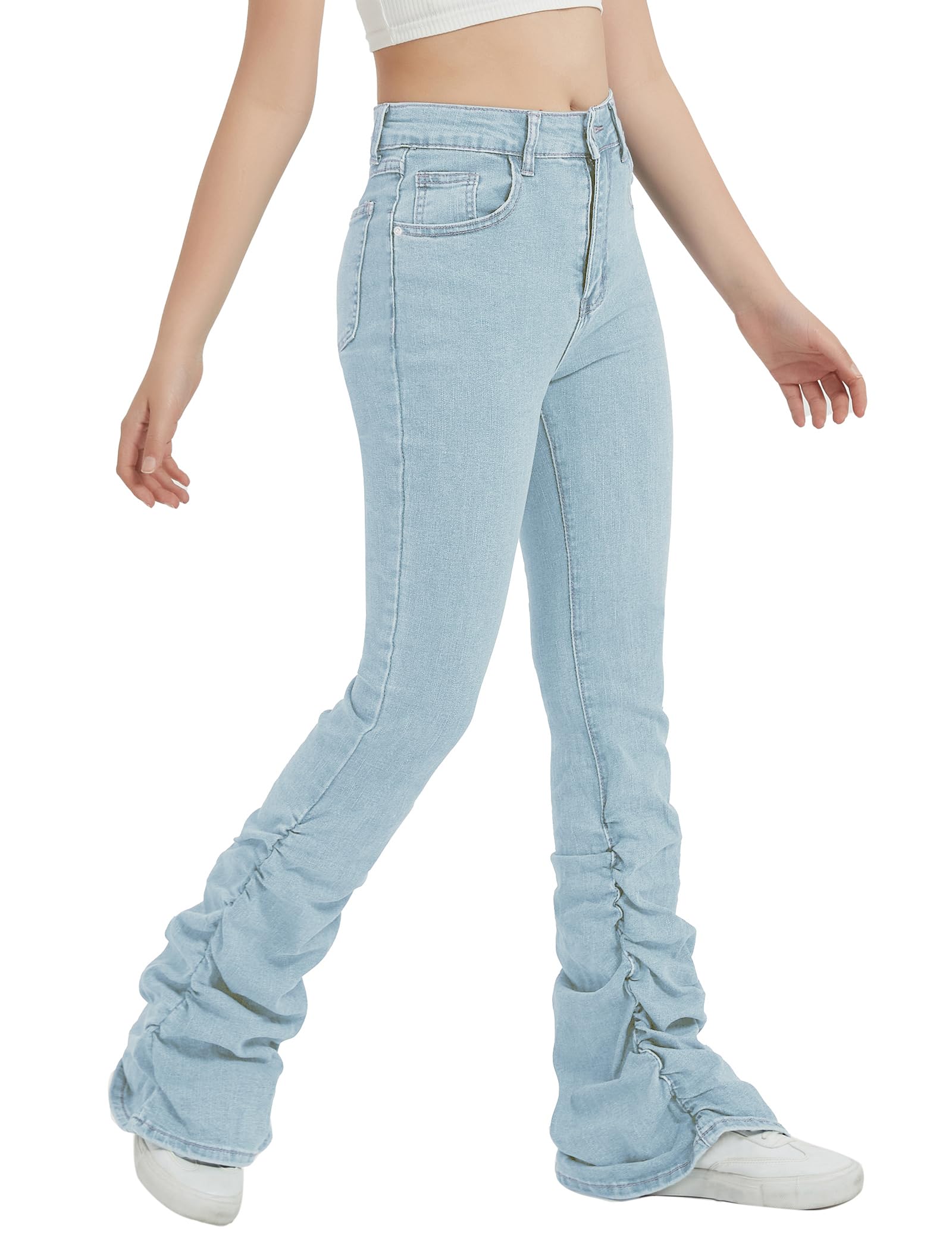 EXARUS Jeans svasati impilati a vita alta in denim con fondo a campana Bootcut casual per bambini pantaloni ruch con tasche 8-14 anni