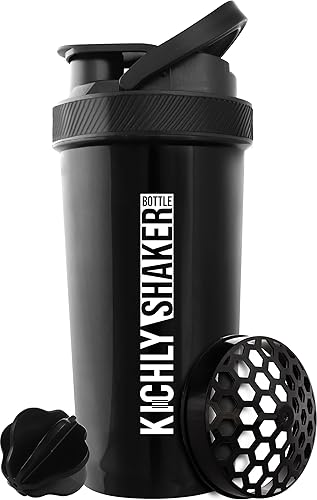 KICHLY Shaker Bottle - Botella mezcladora de proteínas de plástico de 28 onzas para antes y después del entrenamiento con caja de proteínas Twist &