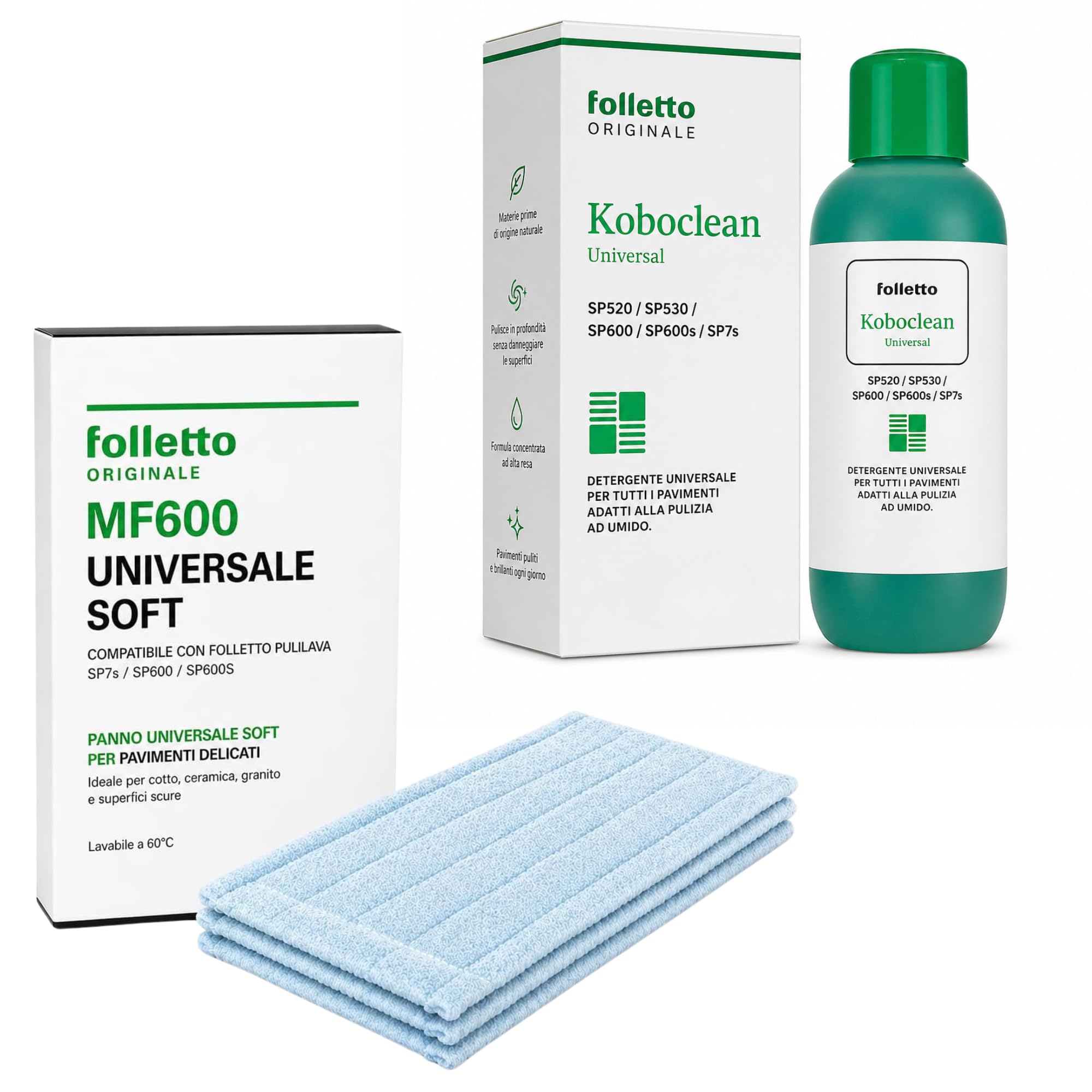 SET 3 PANNI LAVAPAVIMENTI Universale Soft MF600 ORIGINALE + Detergente KOBOCLEAN per Folletto Pulilava SP7s, SP600 e SP600S - Ricambi Folletto per Pavimenti Delicati, Cotto, Ceramica, Granito