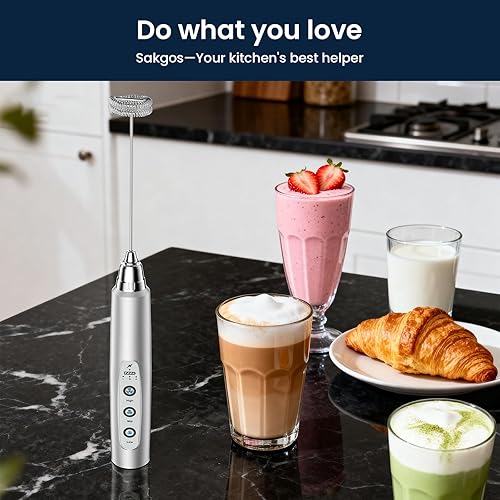 Miniatura 6 de Espumador de leche recargable de mano, batidor eléctrico de 3 velocidades ajustables, varita espumadora de café con 3 batidores de acero inoxidable,