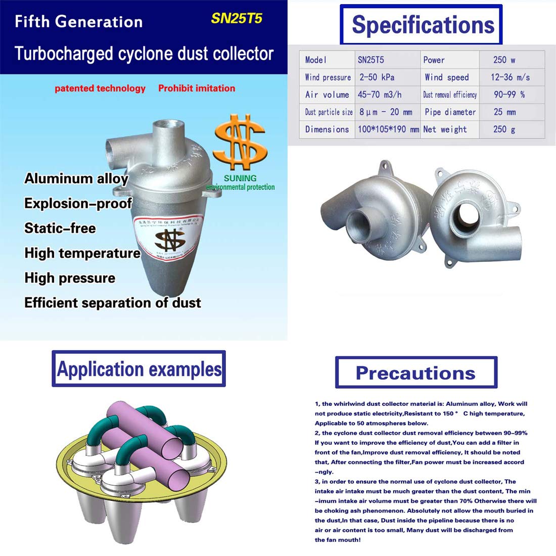 Zyklon Staubabscheider Dust Filter, Fünfte Generation Aluminium Legierung Hochleistungszyklon Pulver Staub Sammler Filter Fliehkraftabscheider Energieffizienzklasse A für Vakuum (1 pc)
