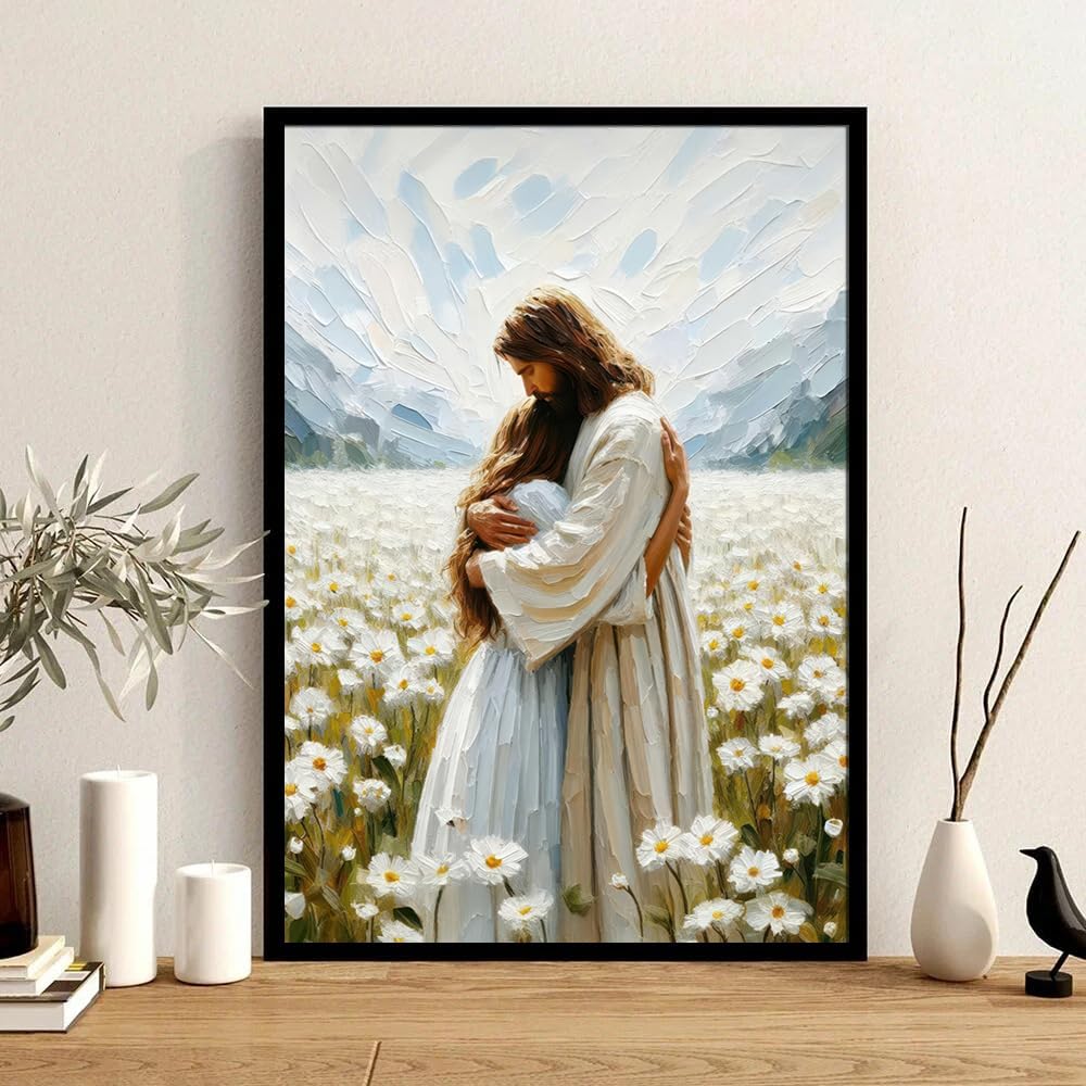 Jesus Wall Art Framed Jesus Hugging Woman Poster For Church Room Wall Decor-Christian Art Canvas Prints Picture Hang To Home Living Bedroom Office For Decor