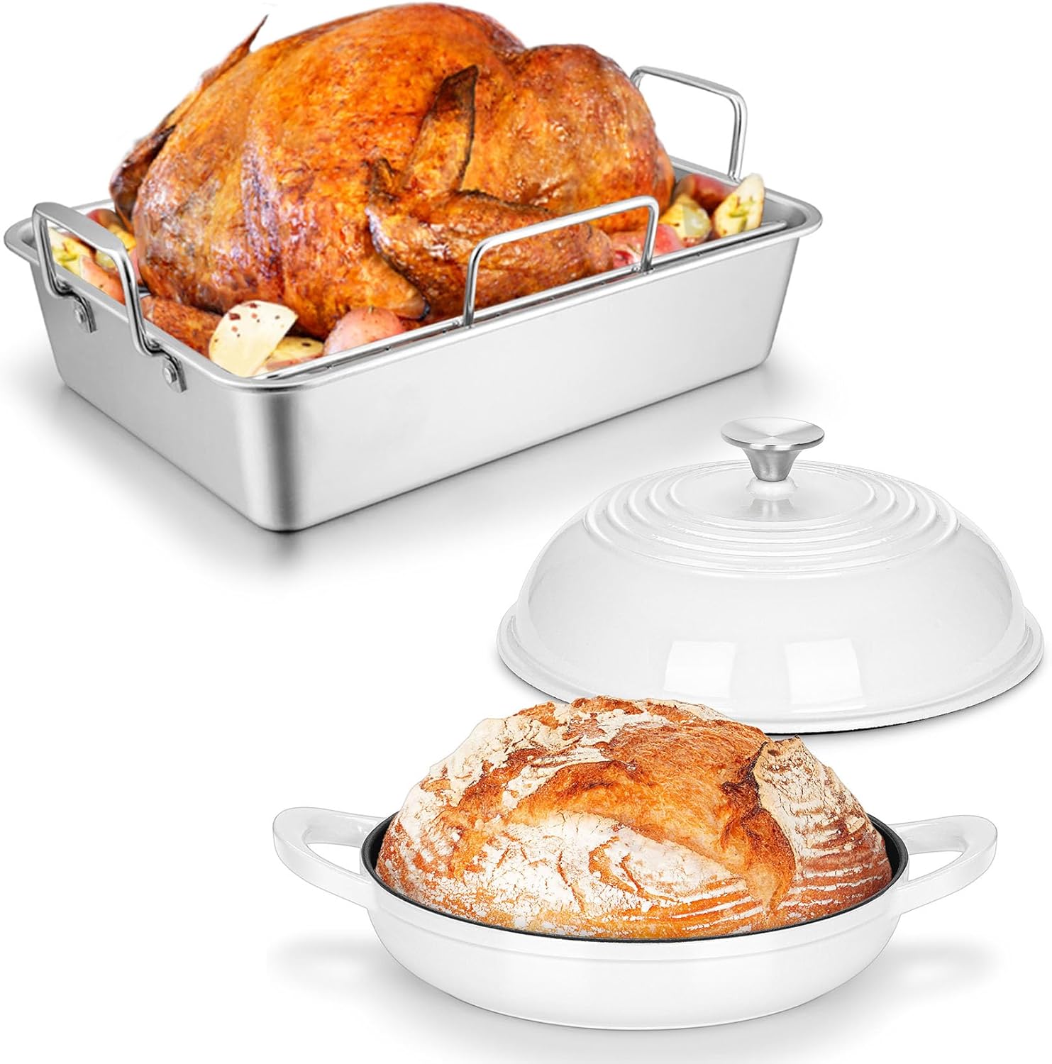 Roasting Pan with Rack & Bread Dutch Oven for Sourdough Baking, Joyfair Roaster Pan and V-rack for Toaster Oven, Enameled Cast Iron Dutch Oven Pot with Lid White