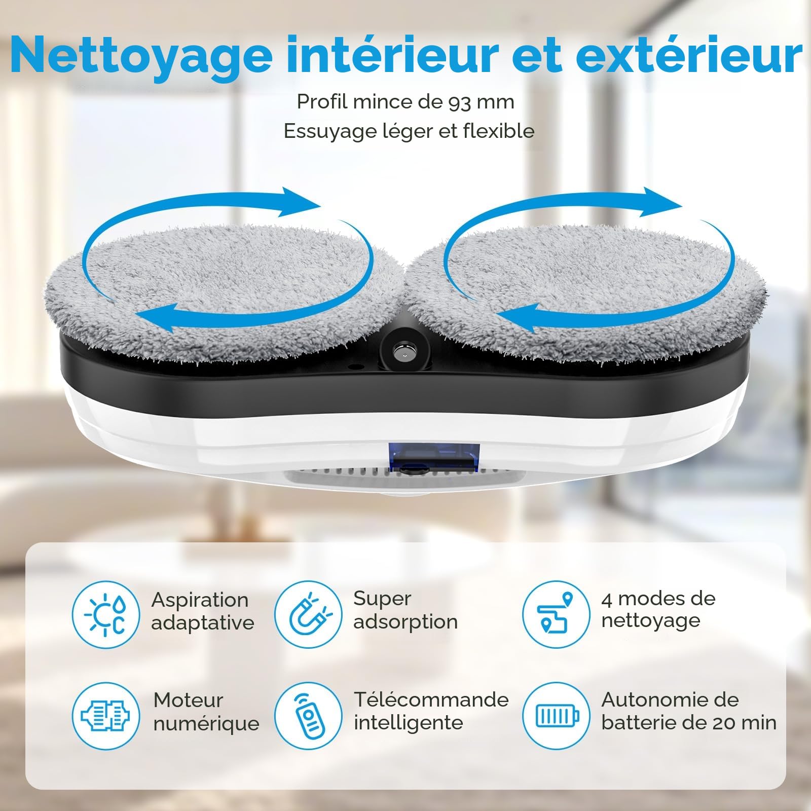 Robot Nettoyeur de Vitres Avec Jet d'Eau Automatique, 5600 Pa - Système de Détection Intelligent des Bords - Pour Fenêtres