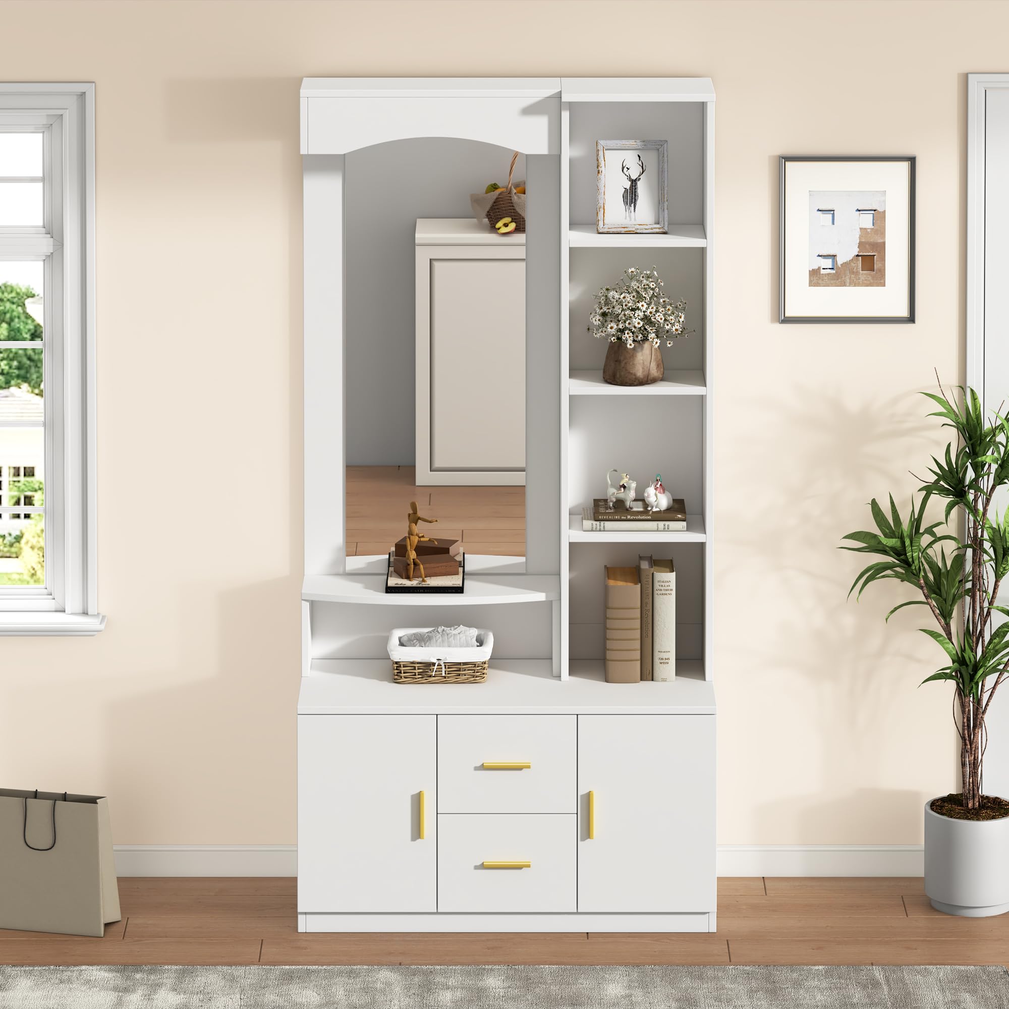 Armario de pasillo con espejo y zapatero, 90 x 40 x 180 cm, color blanco, MDF, 2 cajones, 2 armarios, estanterías, multifuncional