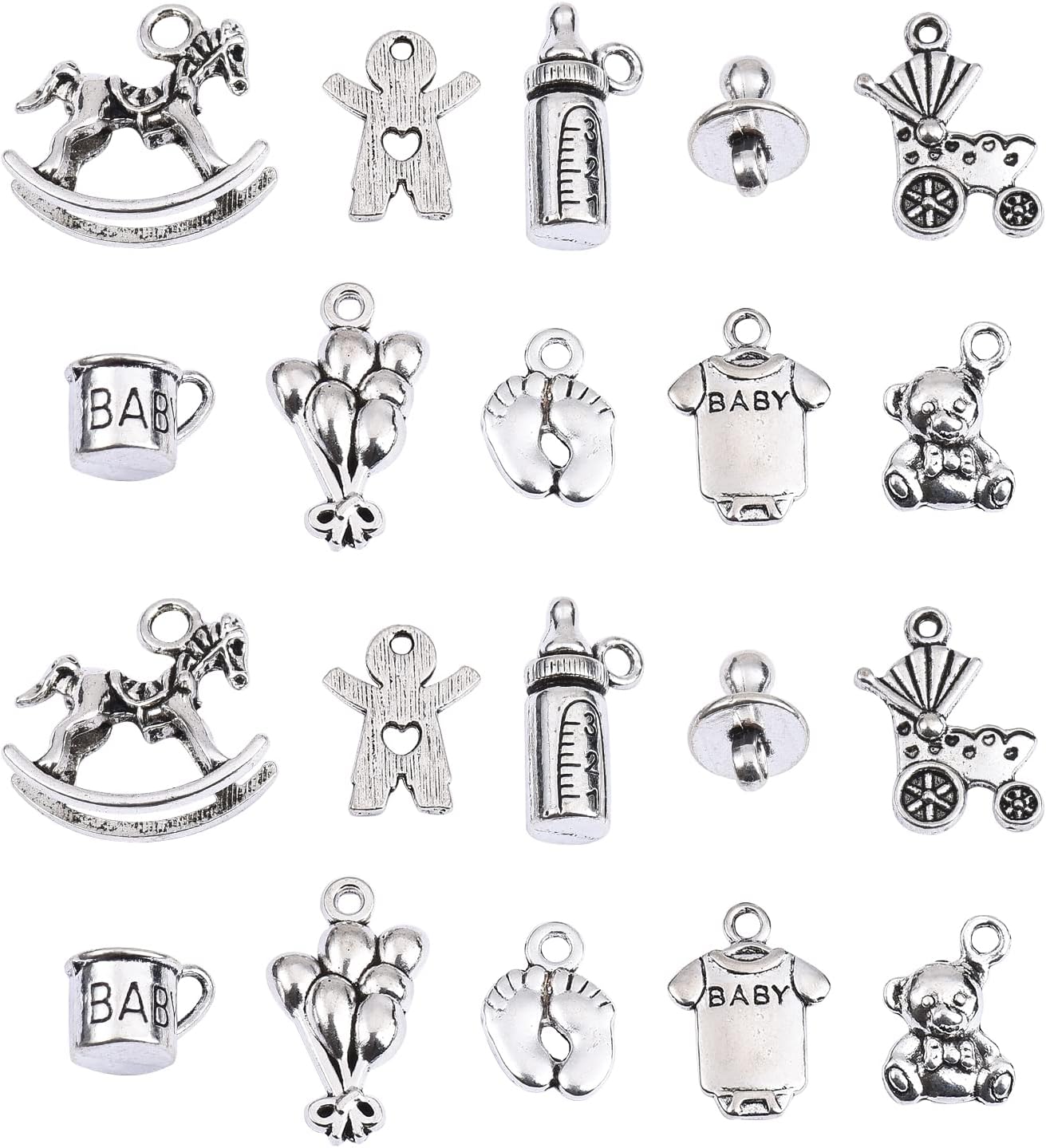 100pcs Baby Theme Charms Alloy Rocking Horse Baby Bottle Ginger Bread Man Toy Tibetan Baby Charms for Jewelry Making Bracelets