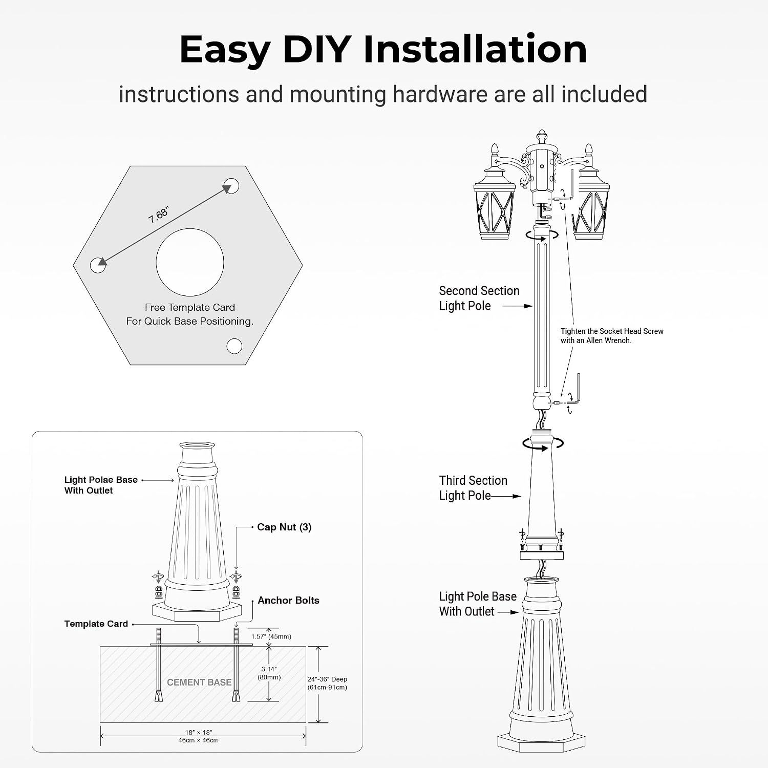 VIANIS Hardwired Outdoor Lamp Post Light, Black Dusk to Dawn Outdoor Street Light, Waterproof Outside Post Lighting with 3-Head, 100% Aluminum Exterior Posts Light Fixtures for Yard, Patio, Driveway