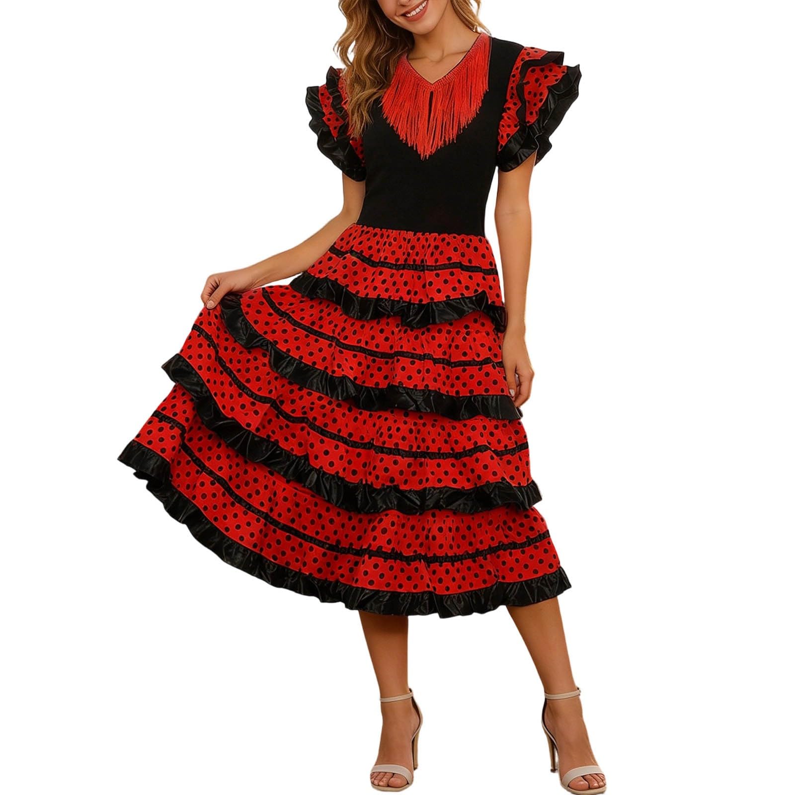 Generic Spanish Flamenco Dress for Women, Elegant Flamenco Costume V-Neck Short Sleeve Party Dress Midi Dresses with Ruffles, Retro Polka Dots Dancer Dress for Carnival Theme Party, black, S