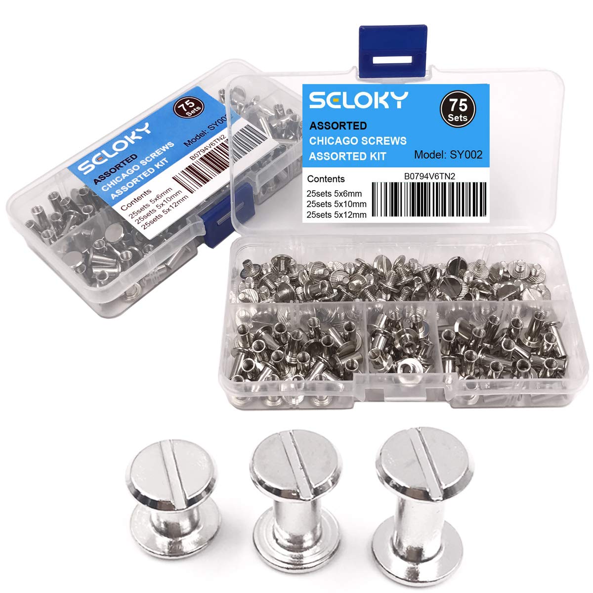 Seloky 75 Sets Silvery Chicago Screws Assorted Kit 1/4 3/8 1/2 Inches Screw Posts Metal Accessories Nail Rivet Chicago Button for DIY Leather Decoration Bookbinding Round Flat Head Stud Screw