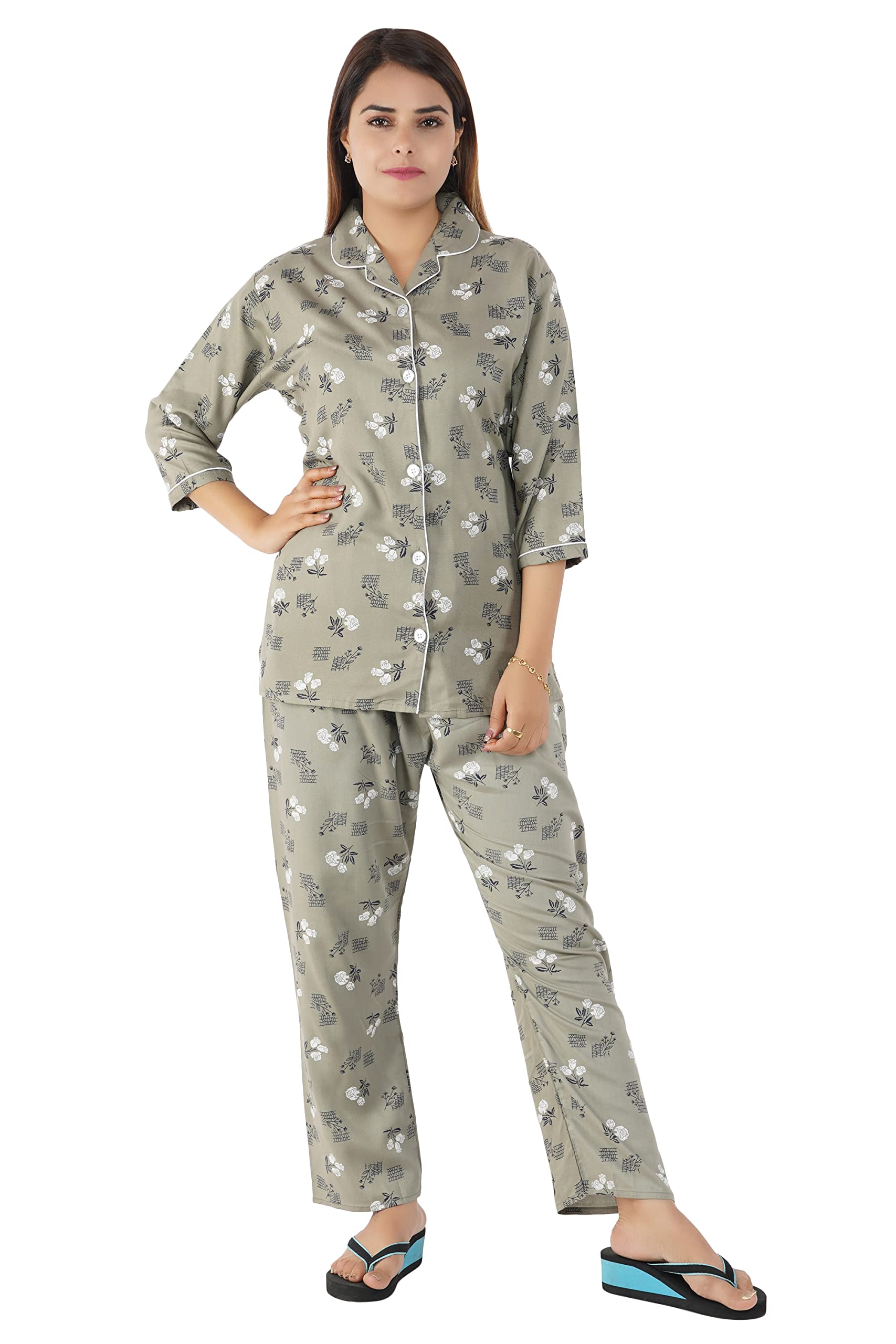 Kripto KatroxRayon Cotton Night Suit/Night Wear Pyjama Set for Women & Girls, FloralGrey, 38
