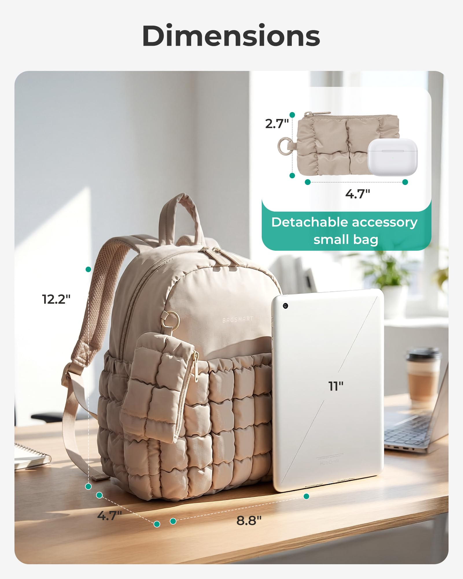 BAGSMART Mini Backpacks for Women, Puffy Checkered Quilted Small Backpack with Pouch, Lightweight Daypack Purse, Water-Resistant Bookbag for Daily Travel College, 2-in-1 Set, Brown - 3