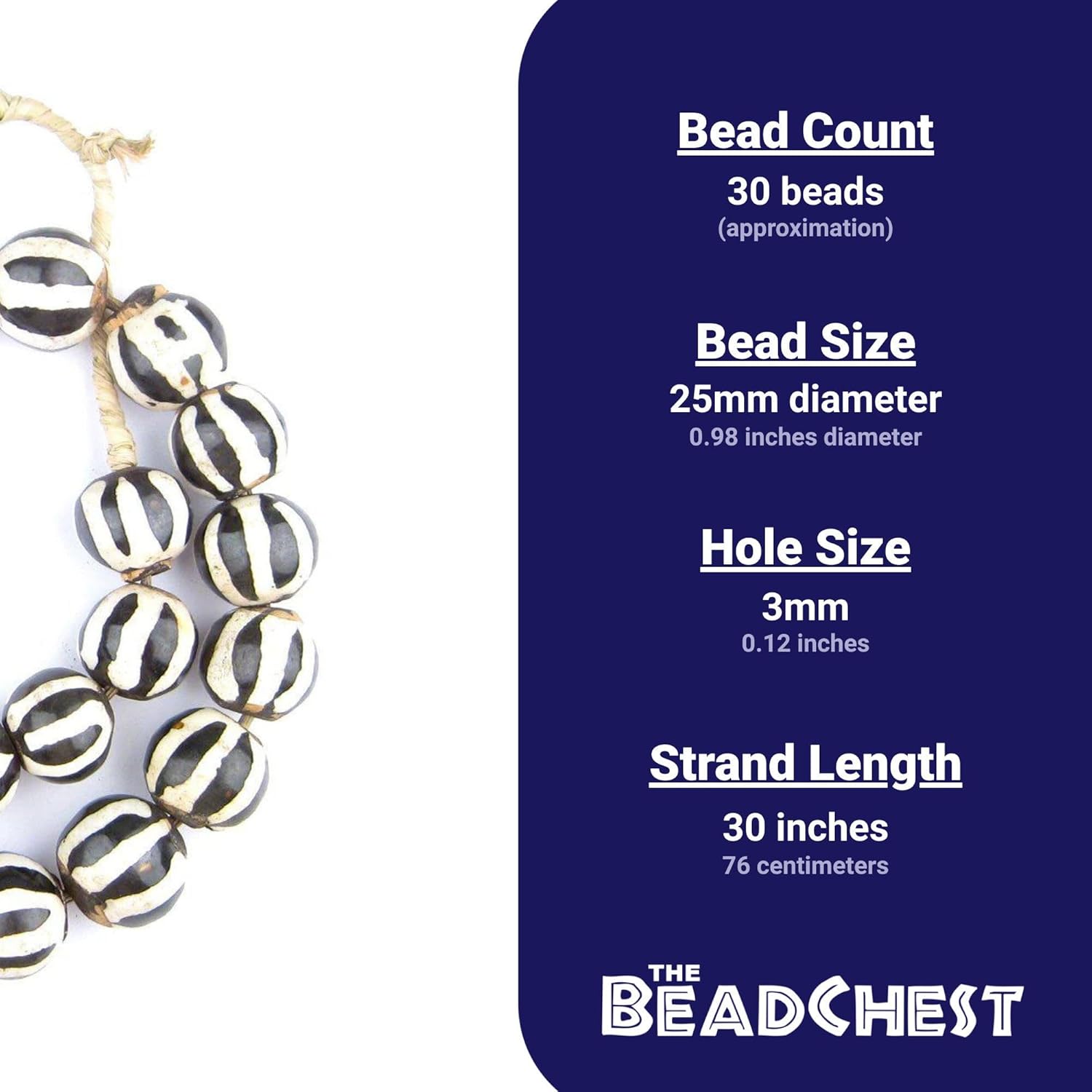 The Bead Chest Batik Bone Beads - Full Strand of Fair Trade African Beads (Sphere, Zebra Design)