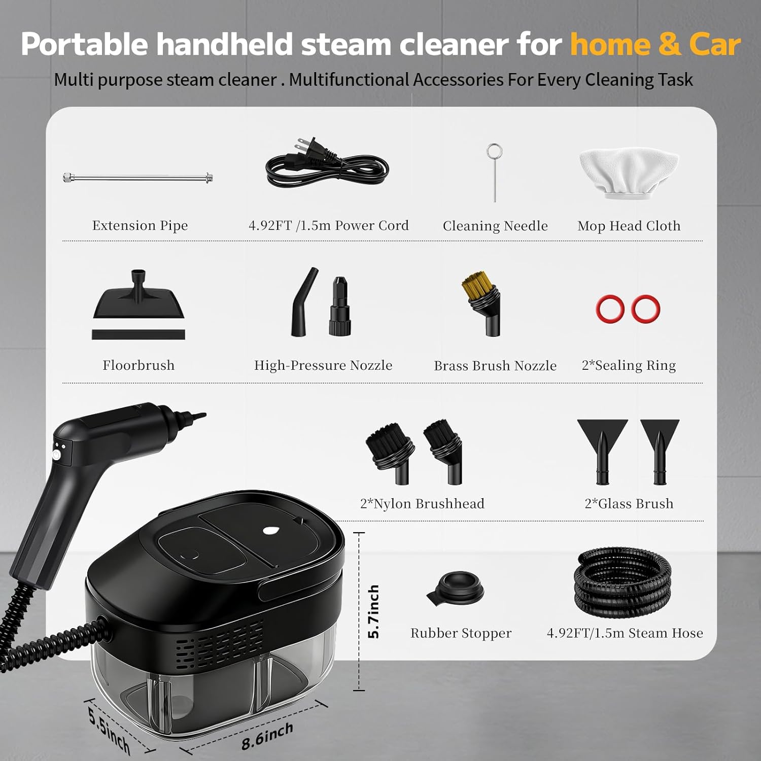 Pressurized Steam Cleaner, 54oz Large Tank, Portable Steamer for Cleaning with 15-Piece Kit, 15s Fast Heat-Up, 3-Level Control, Handheld Steam Cleaner for Home, Car, Kitchen (Classic Black)