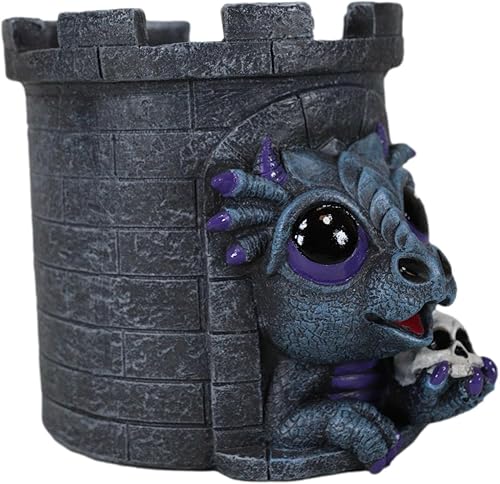 Miniatura 5 de Ebros Gift Fantasía medieval, dragón caprichoso, Wyrmling, sosteniendo cráneo en castillo, torre de papelería, estatua gótica dragón organizador