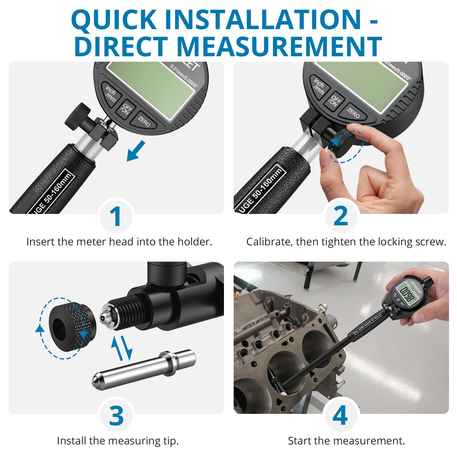 AUTOUTLET Comparateur Électronique 50-160 Mm, Comparateur Numérique 0,01 Mm Mesure À Deux Points Comprend 12 Têtes Interchangeables Pour L'ingénierie Mécanique Et L'entretien Automobile