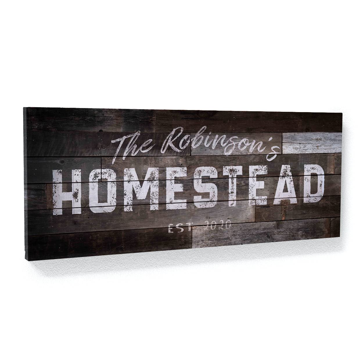 Cartel personalizado de madera más oscuro Homestead con nombre familiar, lienzo personalizado, arte de granja, porche, patio, apellido establecido, decoración del hogar, arte de pared, pintura XL 60