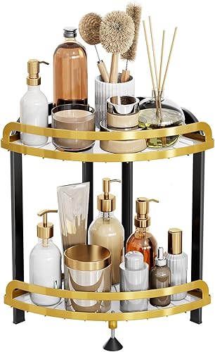 Miniatura 4 de YIWANFW Organizador esquinero de baño, estante de esquina de oro negro, encimera de baño, organizador de fregadero de baño de 2 niveles, estante de