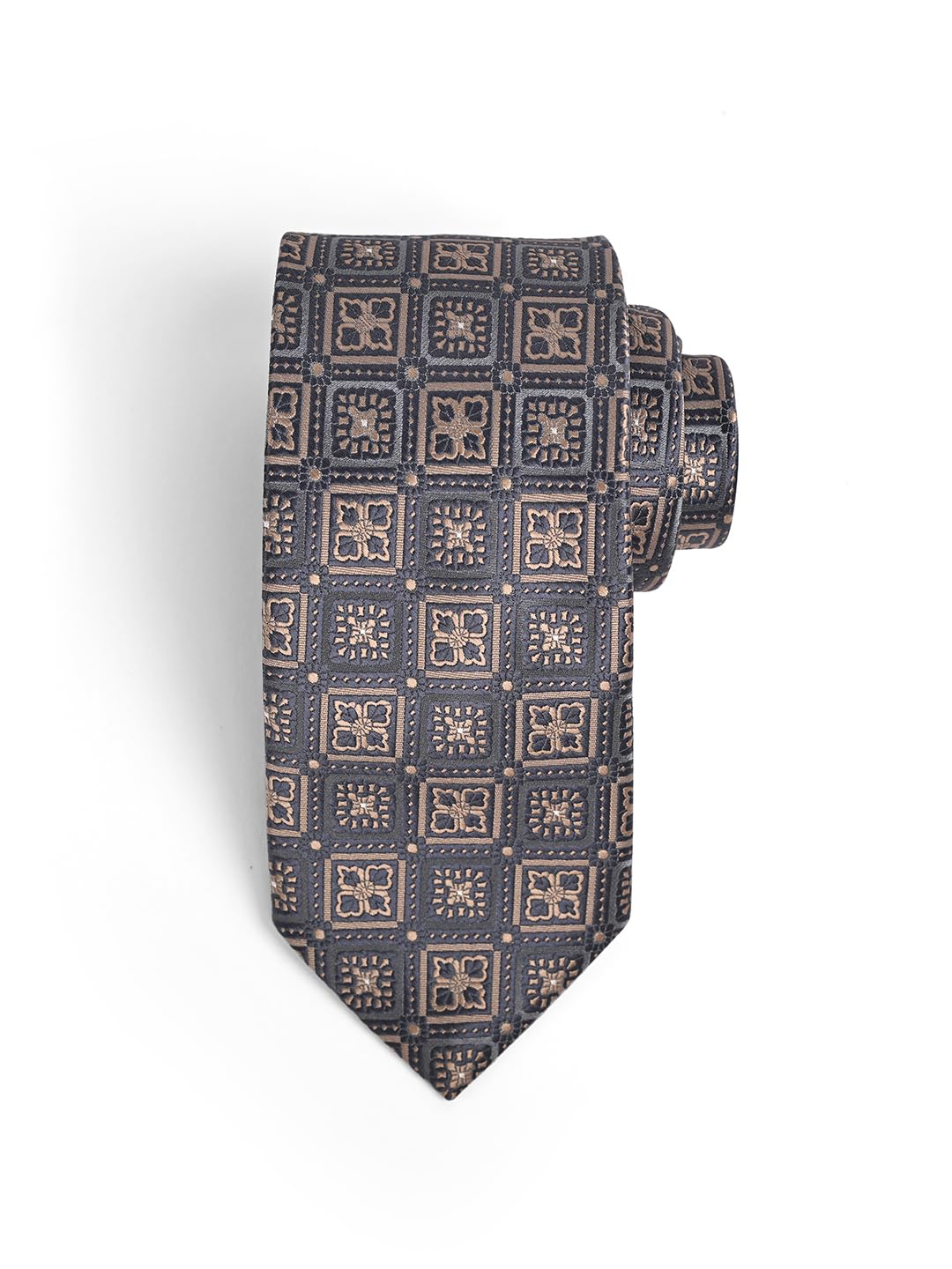 cazzano Men Neck Printed Grey & Cream Microfiber Tie-picture-10