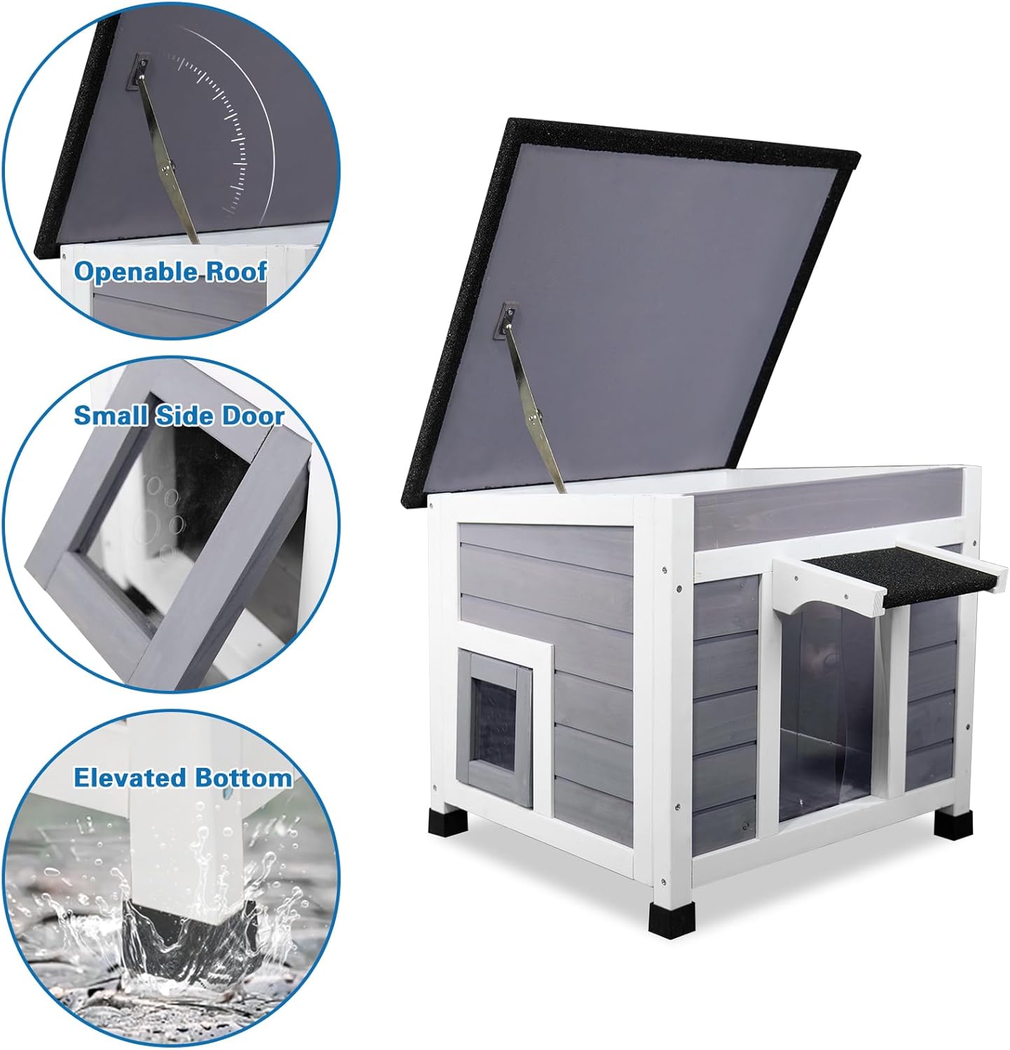 Close-up views of the openable roof, small side door, and elevated bottom of the dog house.