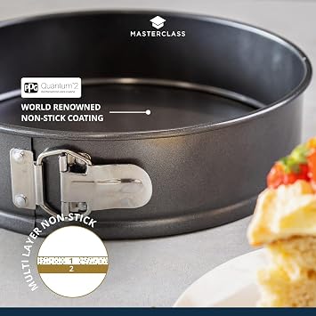 MasterClass KCMCHB44 25 cm Springform Cake Tin with Loose Base and PFOA Non Stick, Robust 1 mm Carbon Steel, 10 Inch Large Round Pan, Grey | Commercial 1mm carbon steel build ensures heavy-duty warp resistance, finished in grey with a fully PFOA-free coating.