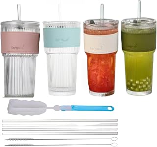 4 Piece 600ml Water Glass with Lid and Straw and Brush, 600ml Juice Cup Matcha Glass, Iced Coffee Glass, Smoothie Cup, Airtight Waterproof Design, Coffee Mug, Travel Mug, Ice Coffee Glass
