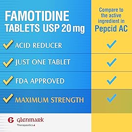 Glenmark Maximum Strength Famotidine Tablets, 20 mg, Acid Reducer for Heartburn Relief, 85 Count