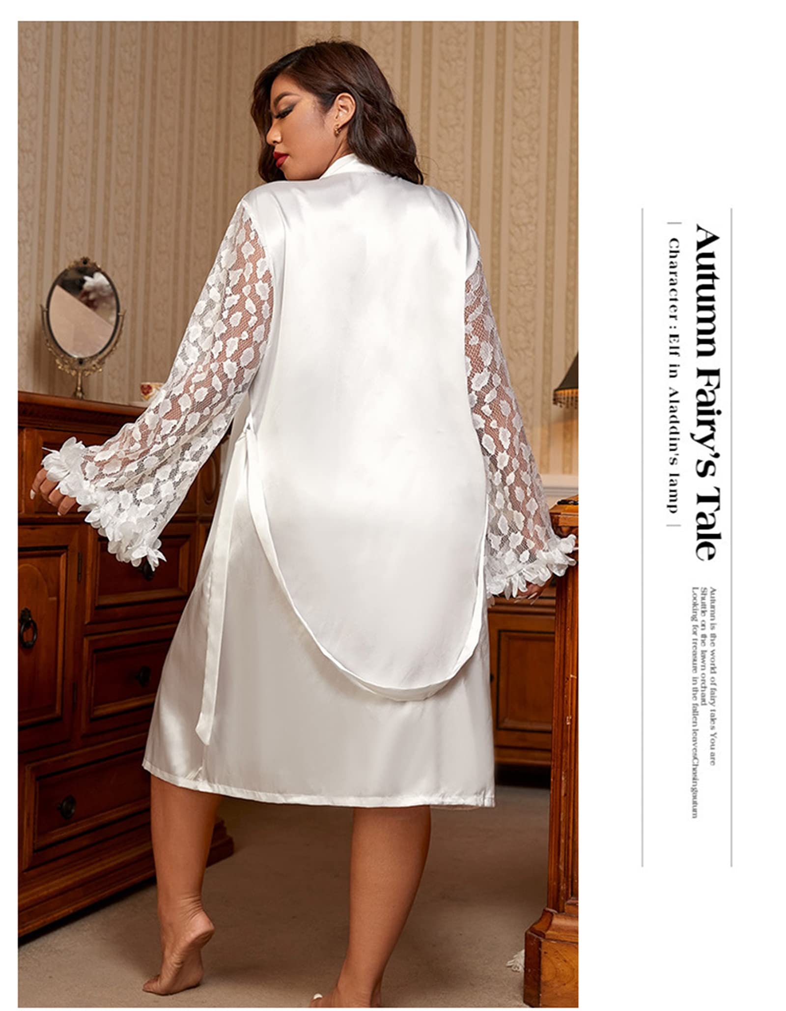 Bata de satén para Mujer, Bata de Mujer Encaje Satinado camisón Manga Larga Blanco XL