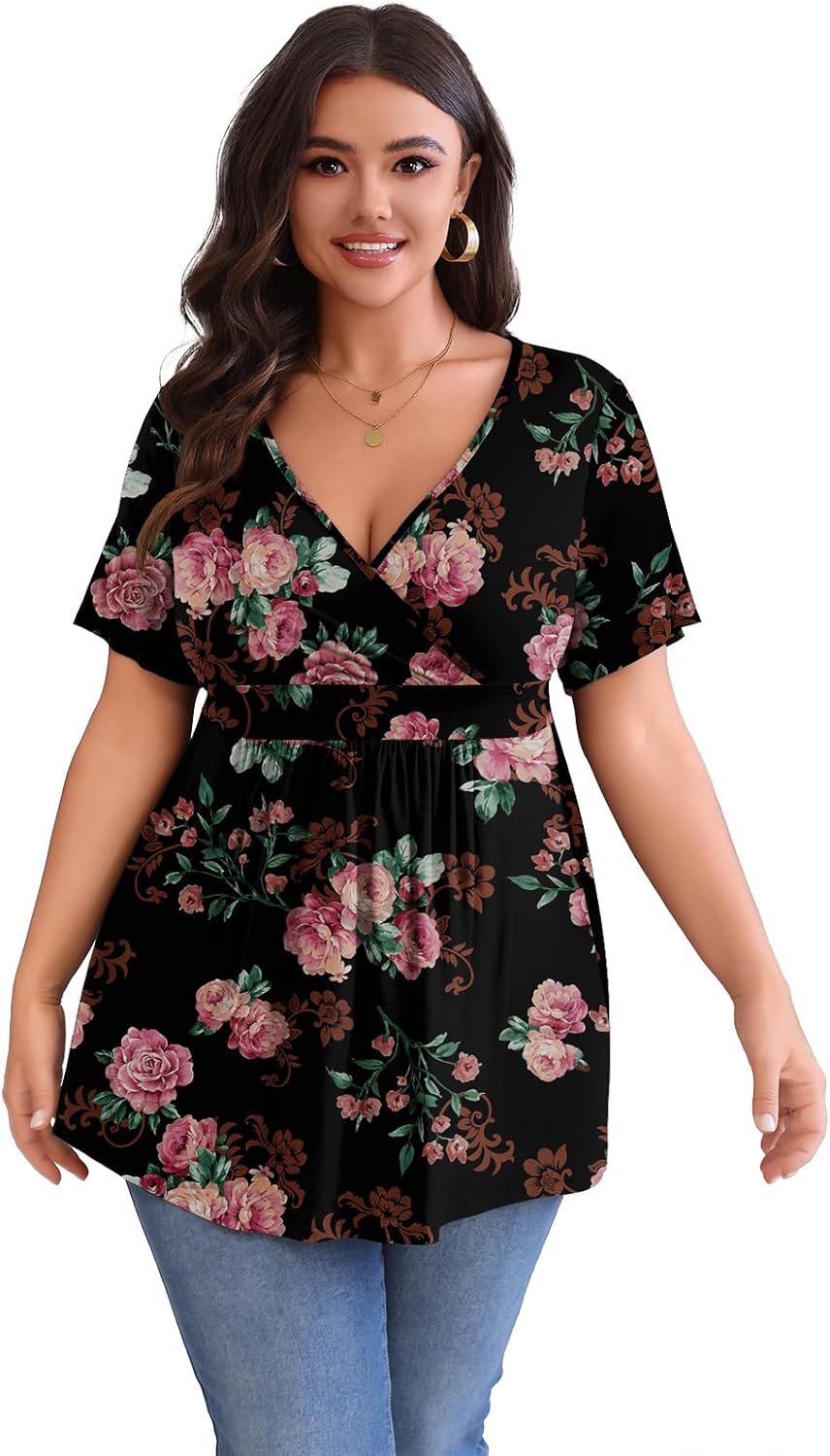 POSESHE Womens Plus Size Tops 2025 Summer Short Sleeves Tunic Tops Casual V-Neck Wrap Shirts Cute Dressy Work Blouses L-4XL - Image 5