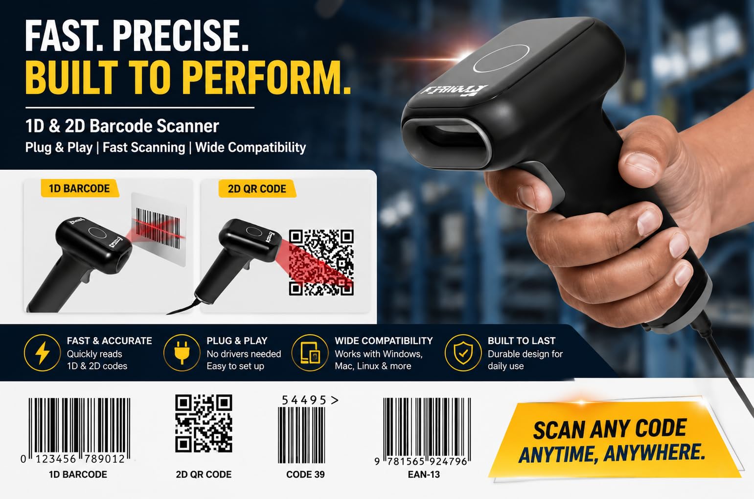 FRONIX FB1600 Handheld Laser High Speed Wired 2D Barcode Reader for Shops, Super Markets, Convenience Stores, Warehouses and Logistics, BIS Approved Make in India 3